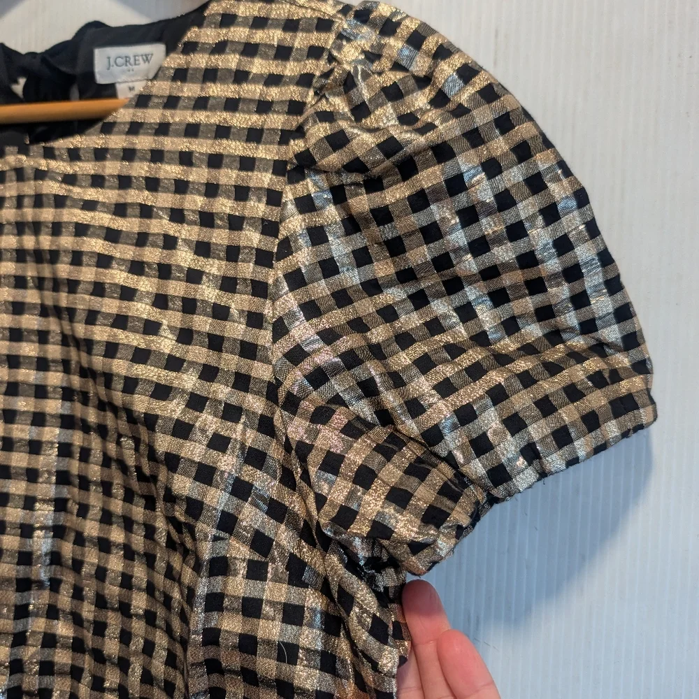 J. CREW Women's Black and Gold Gingham Blouse Holiday Size Medium - Picture 2 of 10